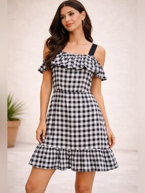 Joe Fresh Gingham Ruffle Strap Dress XS NWT Black White Check Summer Mini